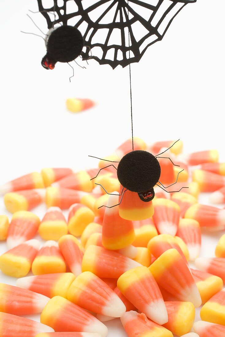 Candy Corn mit Spinnendeko für Halloween