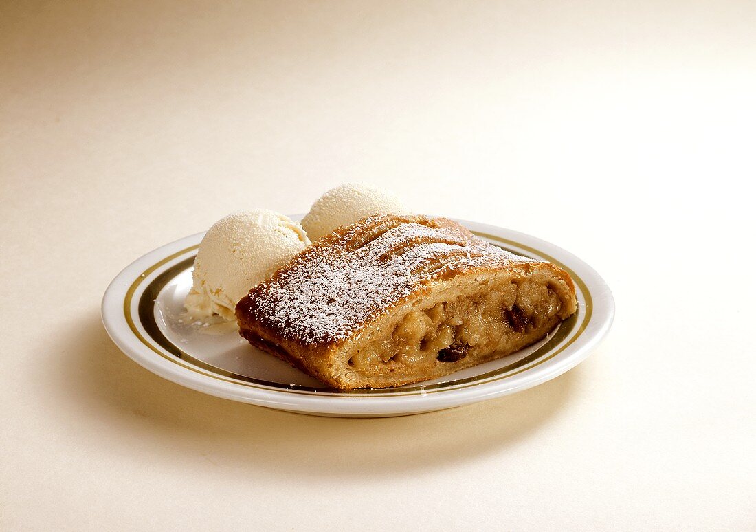 Apple strudel with vanilla ice cream