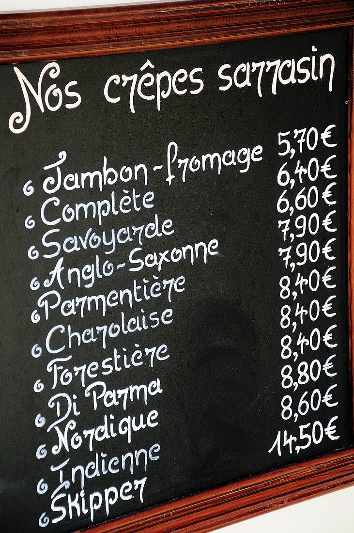 A crêpe menu in France