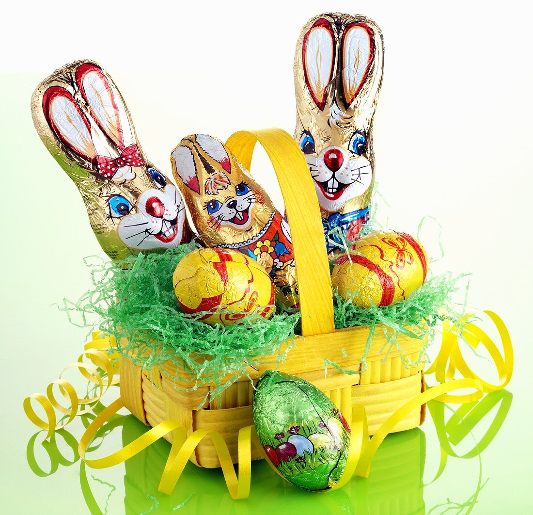 Easter Bunnies and chocolate eggs in basket