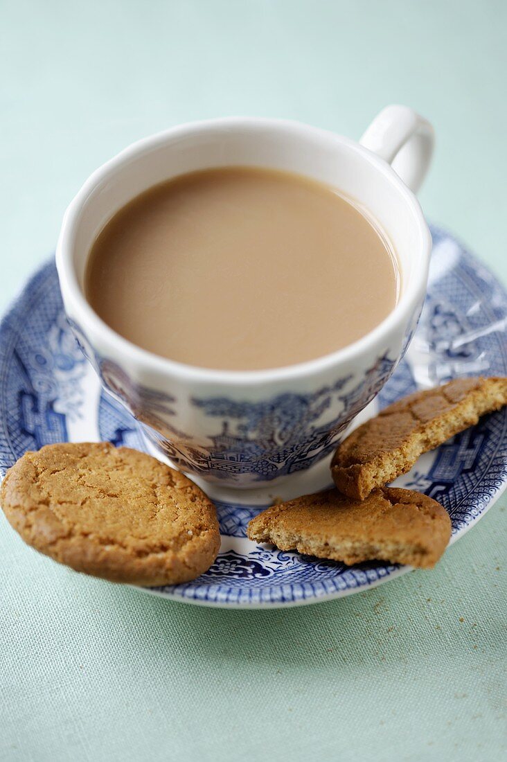 Eine Tasse Tee mit Milch und Ingwerplätzchen