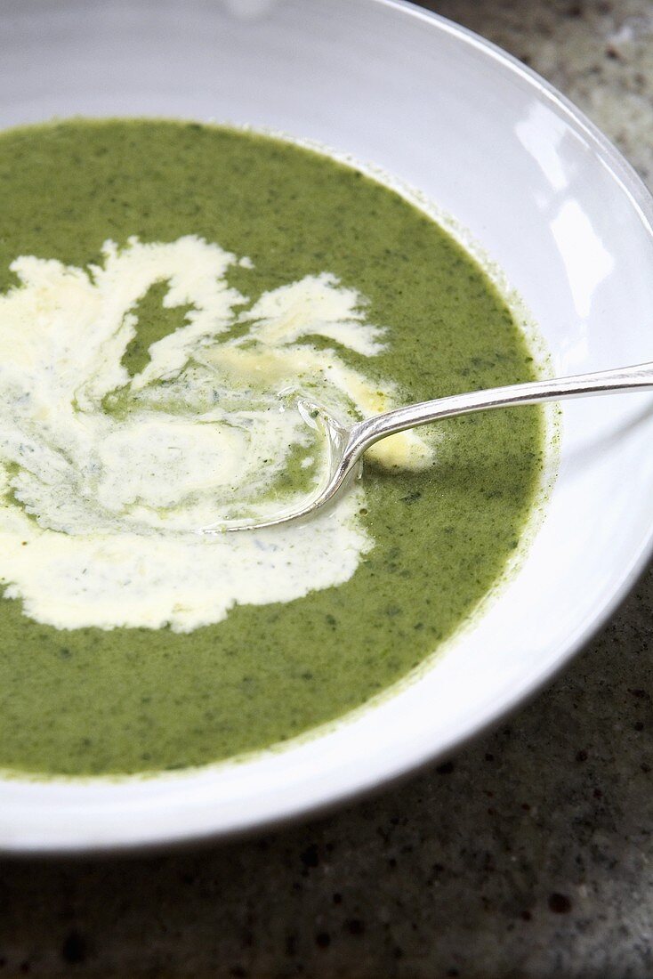 A plate of watercress soup with cream