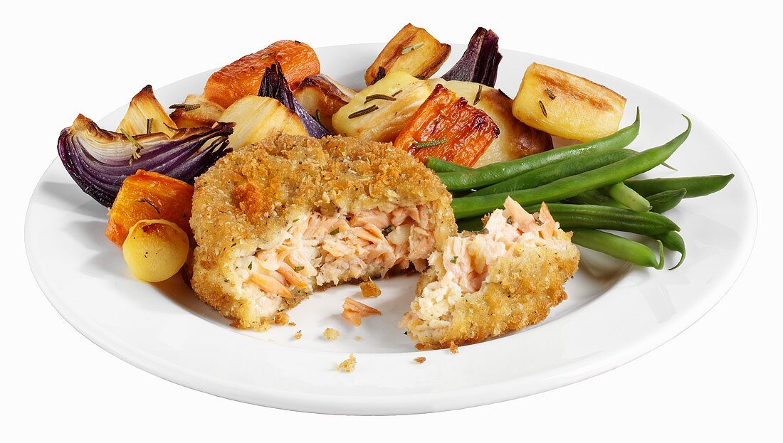 Fish cake with roasted vegetables and beans
