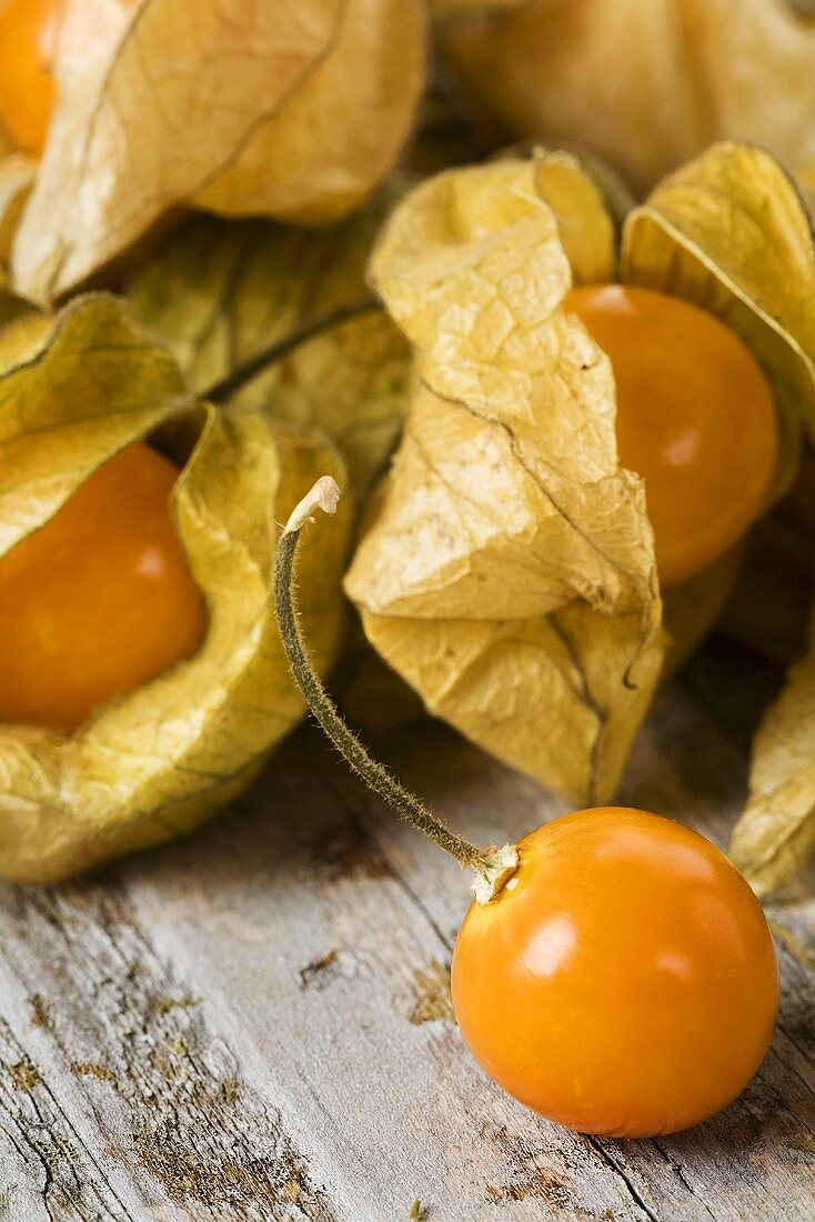 Several physalis on wooden background