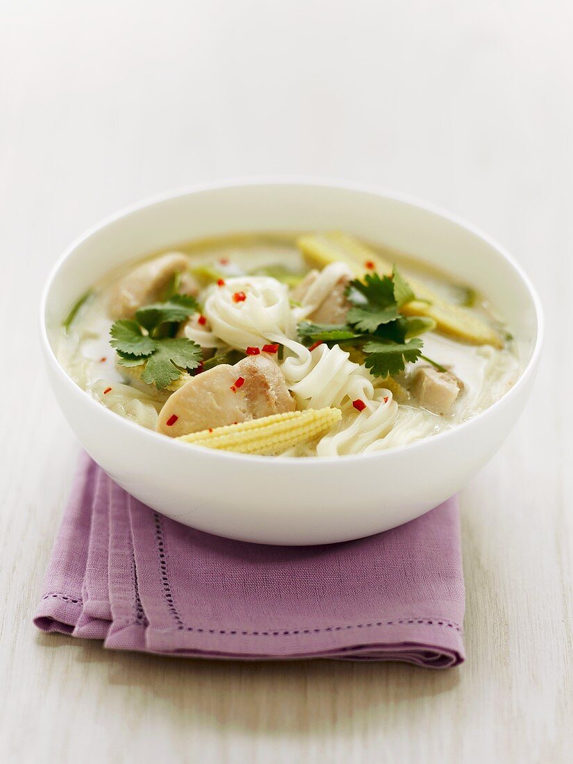 Rice noodle soup with chicken, baby corn and coriander