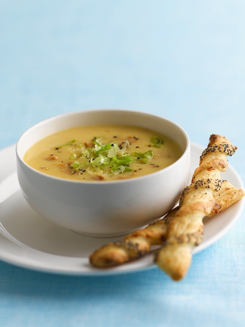 Chicken soup with savoury sticks