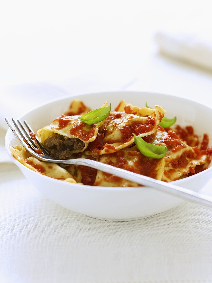 Ravioli with meat filling and tomato sauce