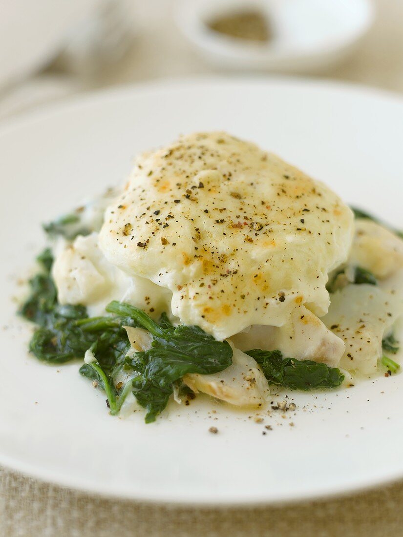 Poached egg on haddock with spinach