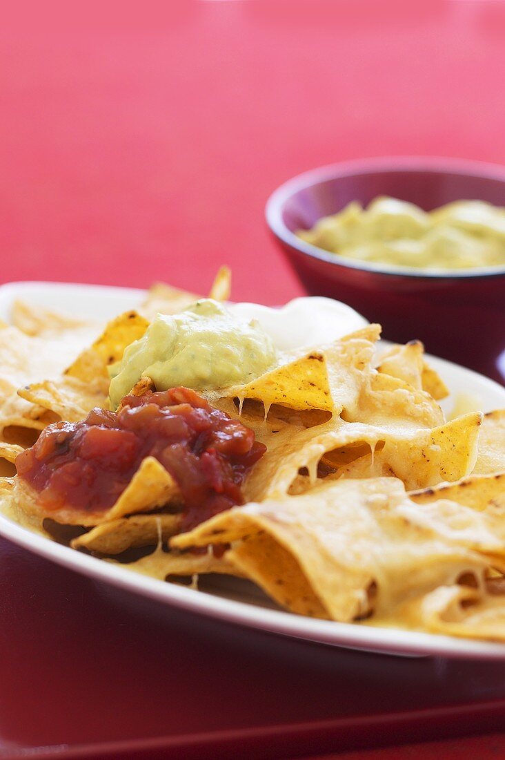 Nachos with cheese, salsa and guacamole (Mexico)