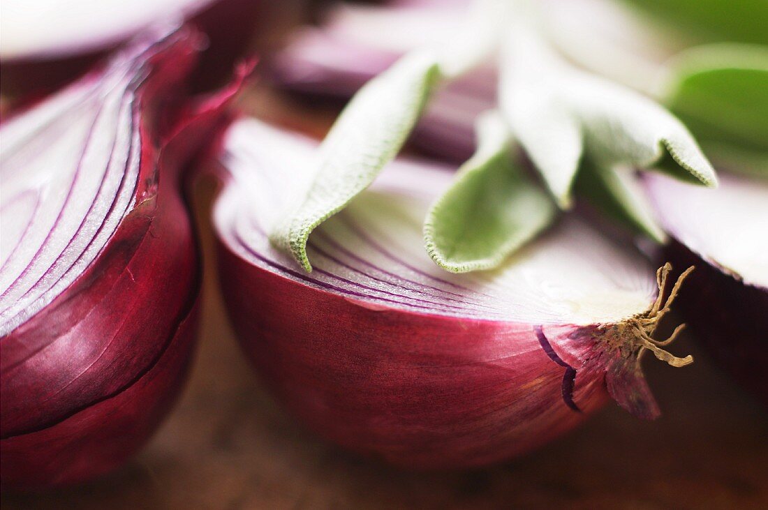 Red onions and sage (close-up)