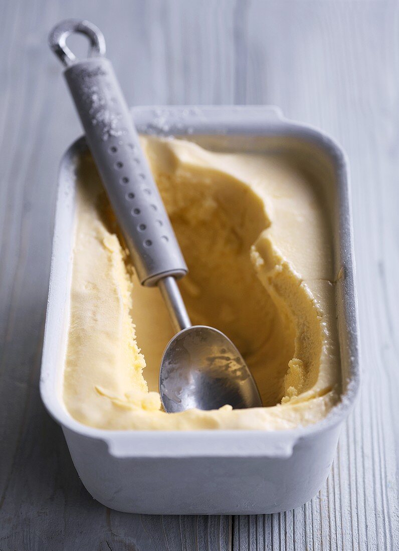 A container of home-made vanilla ice cream