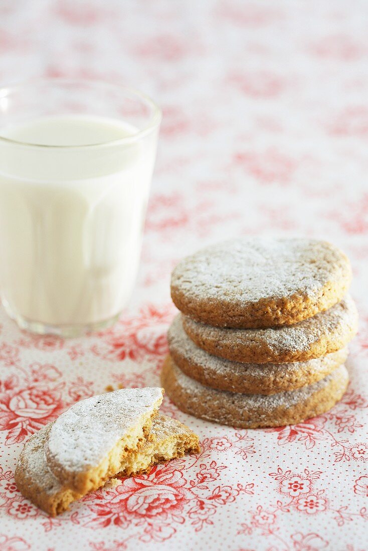 Rose biscuits with a glass of milk