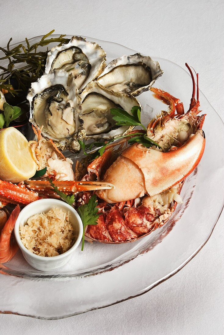 Seafood platter: lobster, crab and oysters