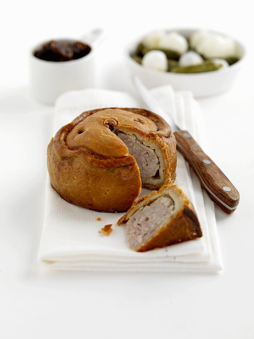 Melton Mowbray pork pie with pickles (England)