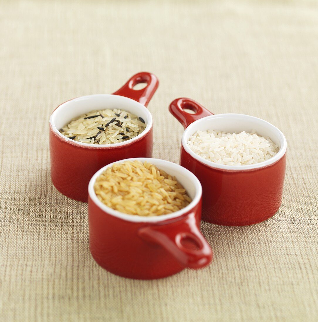 Brown rice, basmati rice and wild rice in small pots