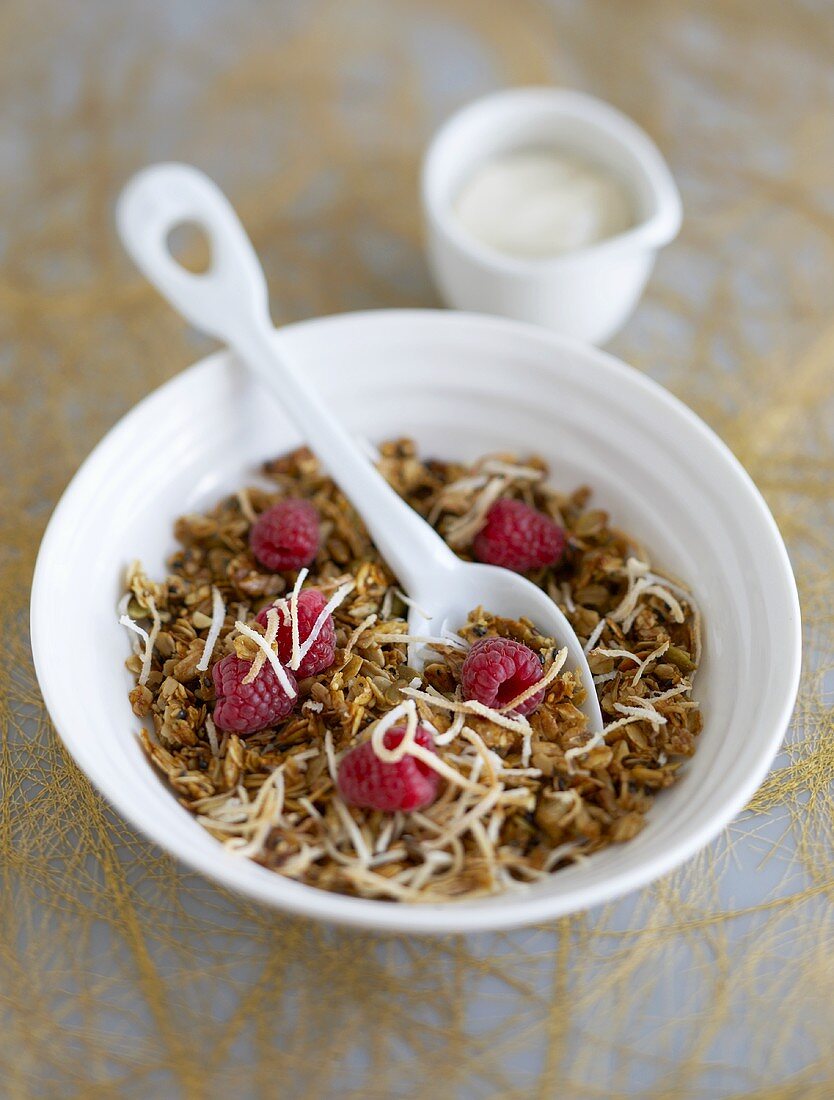 Granola mit frischen Himbeeren