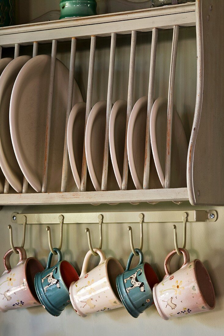 Plates in rack and cups hanging on hooks