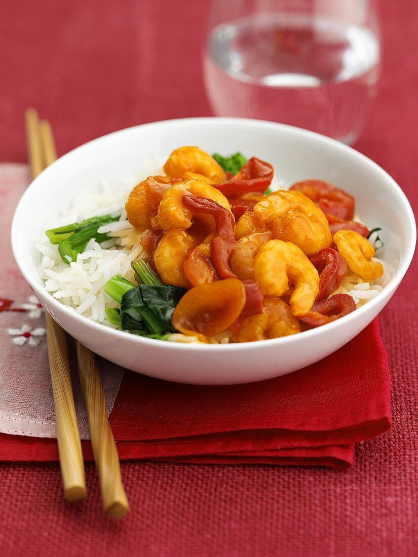 Sweet and sour prawns on rice
