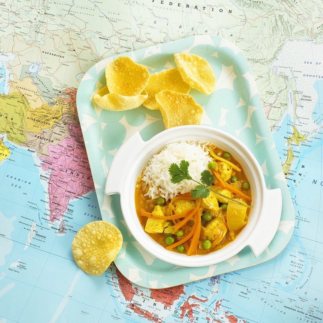 Fruity chicken curry on tray on map (India)