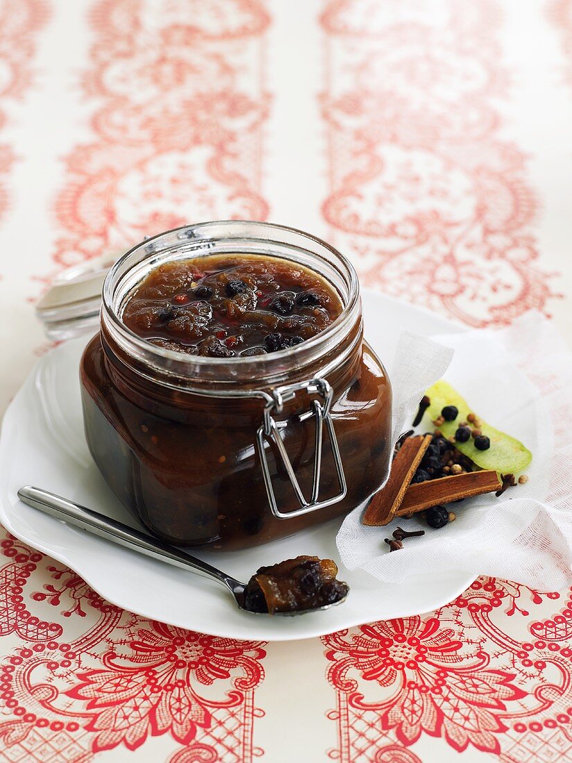 Green tomato chutney in a preserving jar