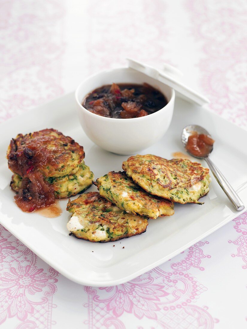 Courgette cakes with onion chutney
