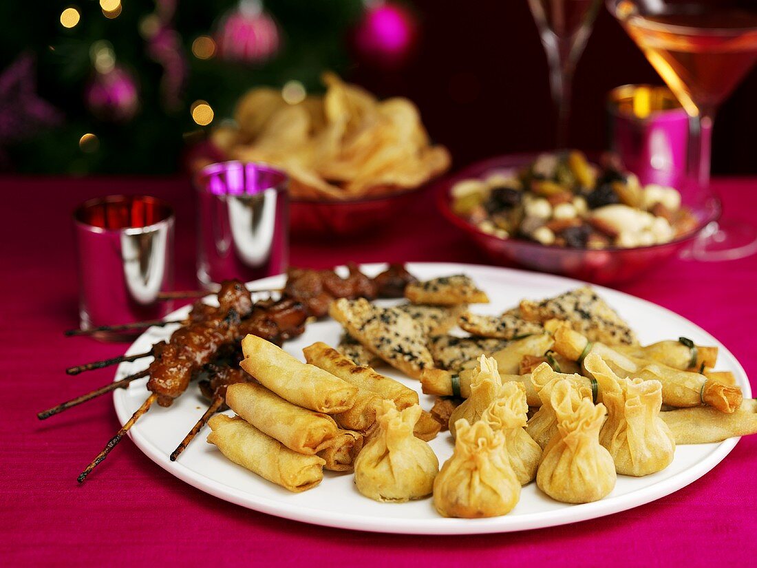 Different types of fingerfood on a plate, hors d´oevres (Christmas)