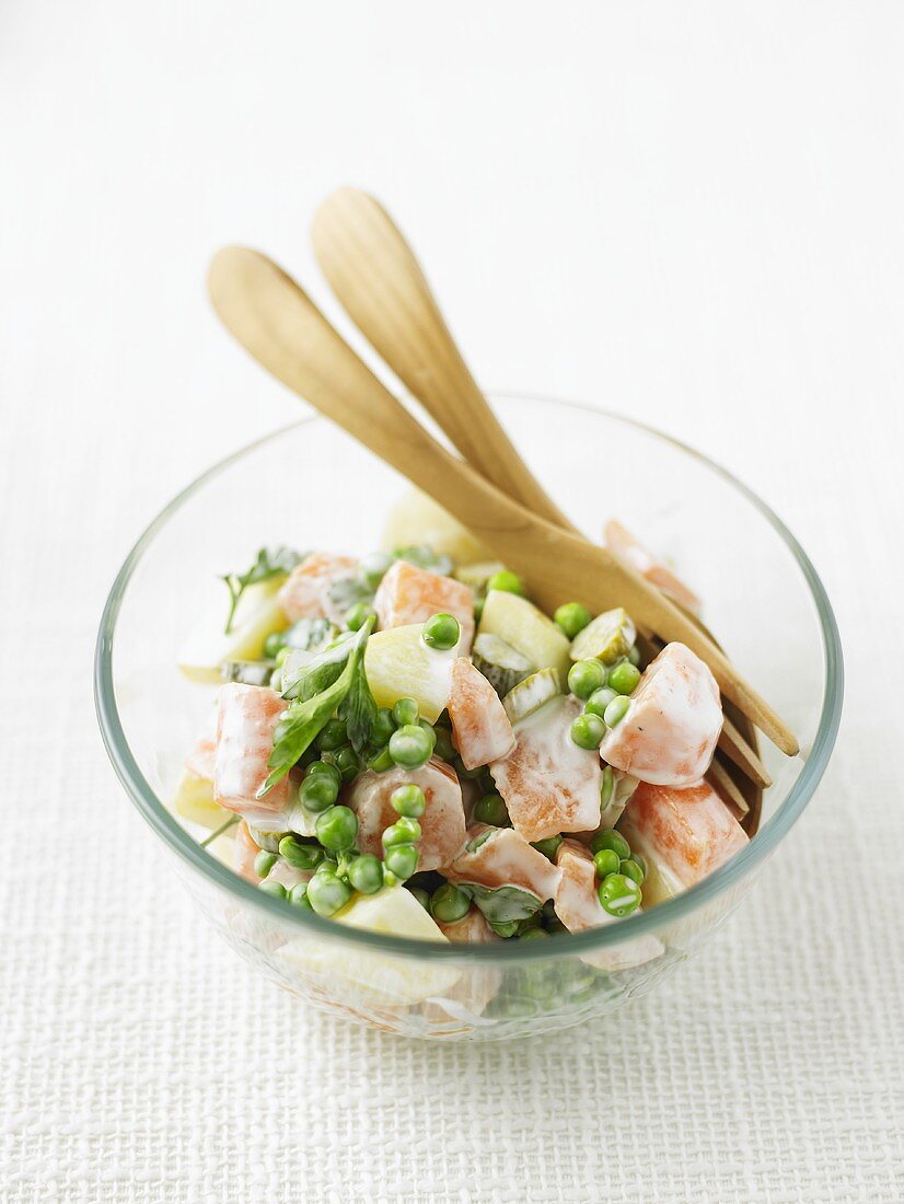 Sweet potato salad with peas and yoghurt mint dressing