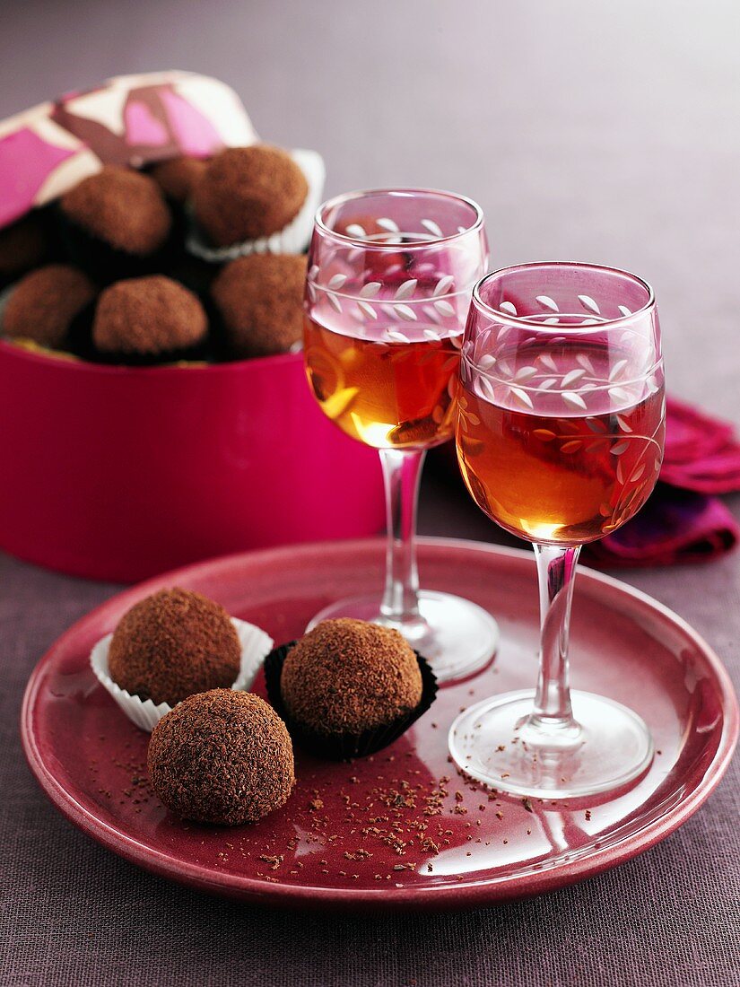 Chocolate truffles and two glasses of sherry
