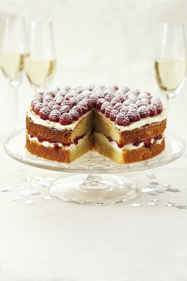 Biskuittorte mit Himbeermarmelade und Himbeeren