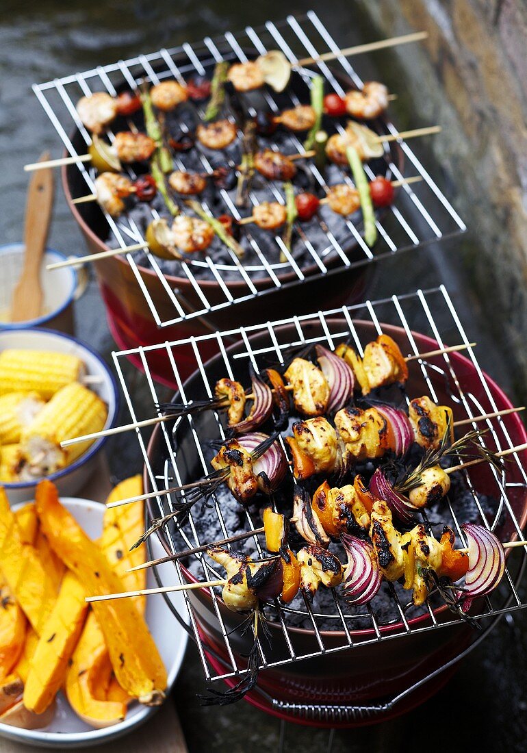 Prawn and chicken kebabs on the barbeque