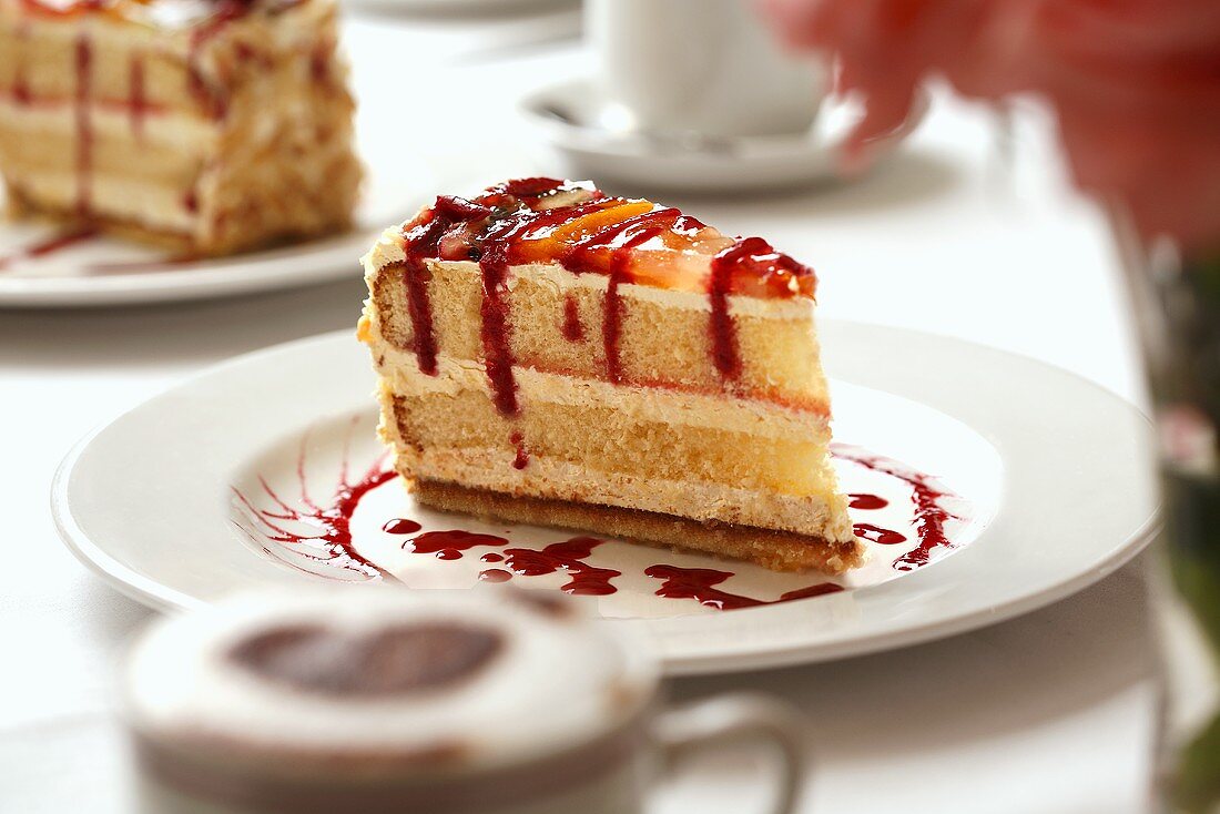 Piece of layer cake with fruit sauce