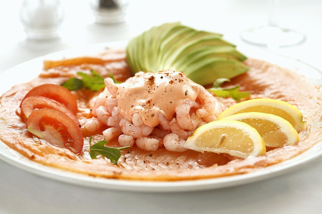 Shrimp cocktail on salmon carpaccio