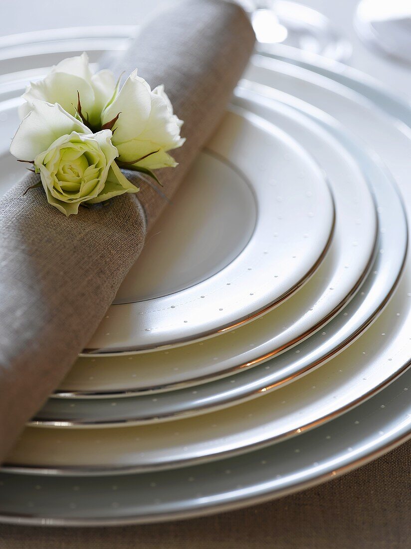 Spotted plates and fabric napkin with white roses