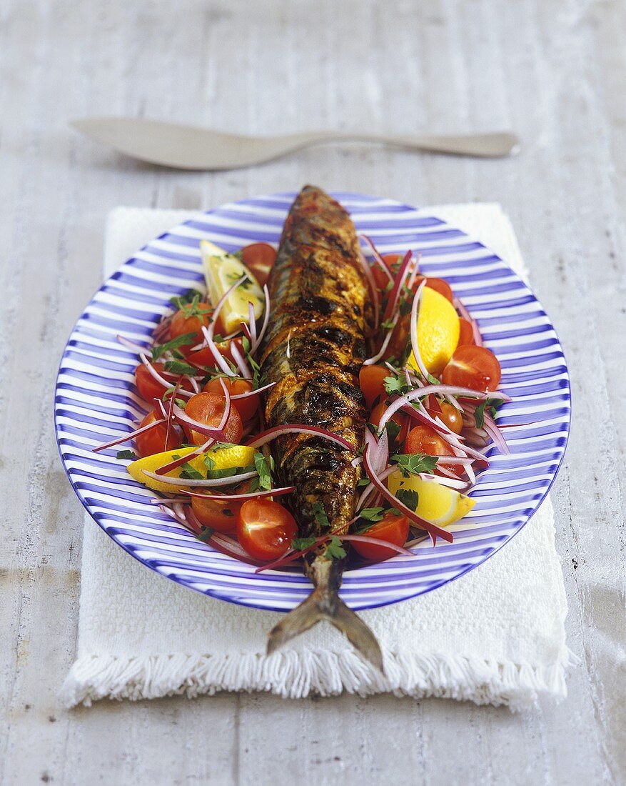 Grilled mackerel with vegetable salad