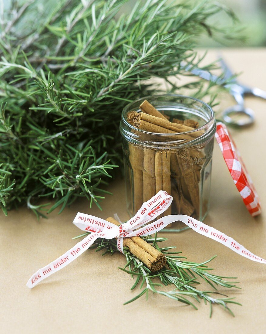 Christmas decoration made from cinnamon sticks and rosemary