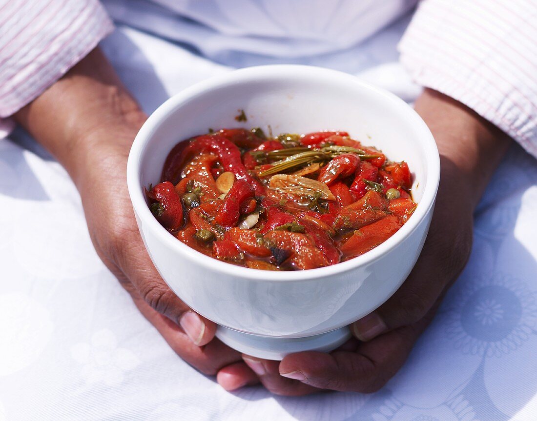 Marinated peppers with olive oil, garlic, capers