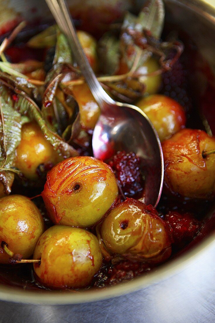 Cooked greengages with jam