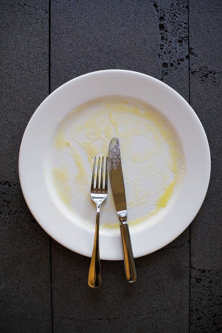 Empty plate with knife and fork (overhead view)