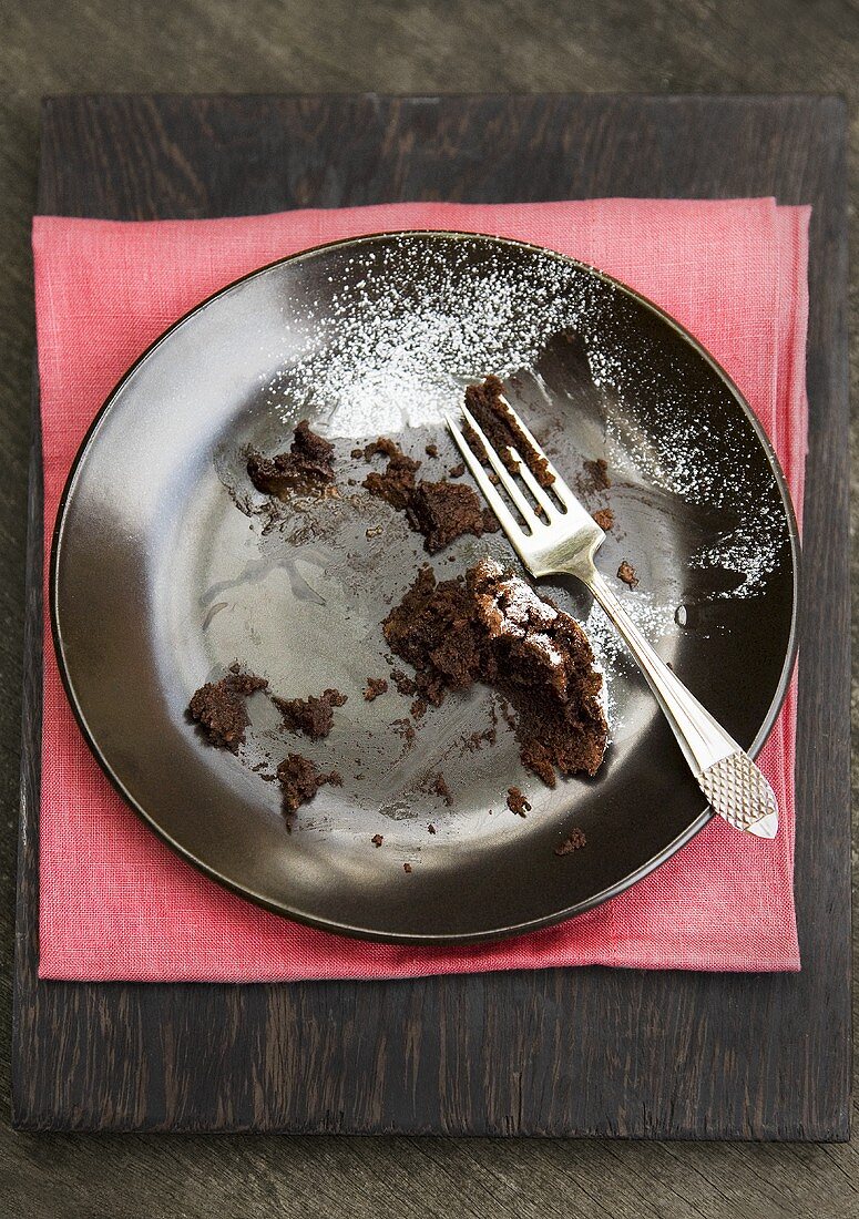Scraps of chocolate cake on plate