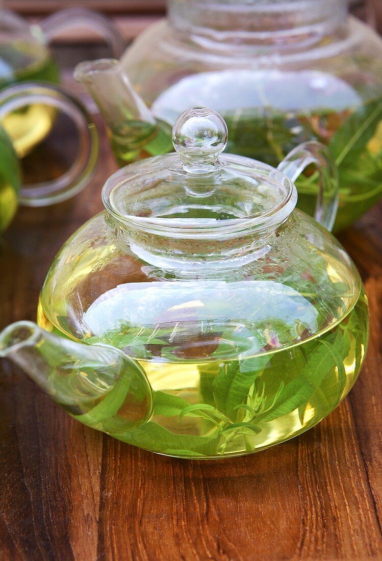 Verbena tea in glass teapot