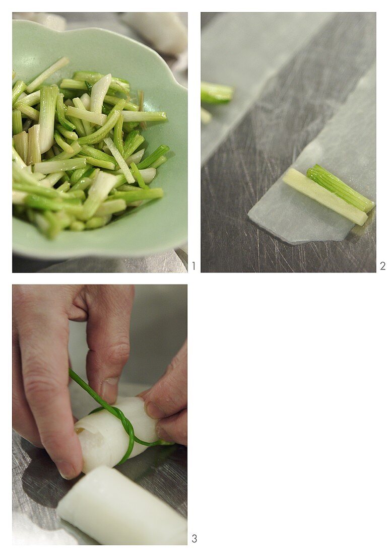 Preparing rice paper rolls with spring onion filling