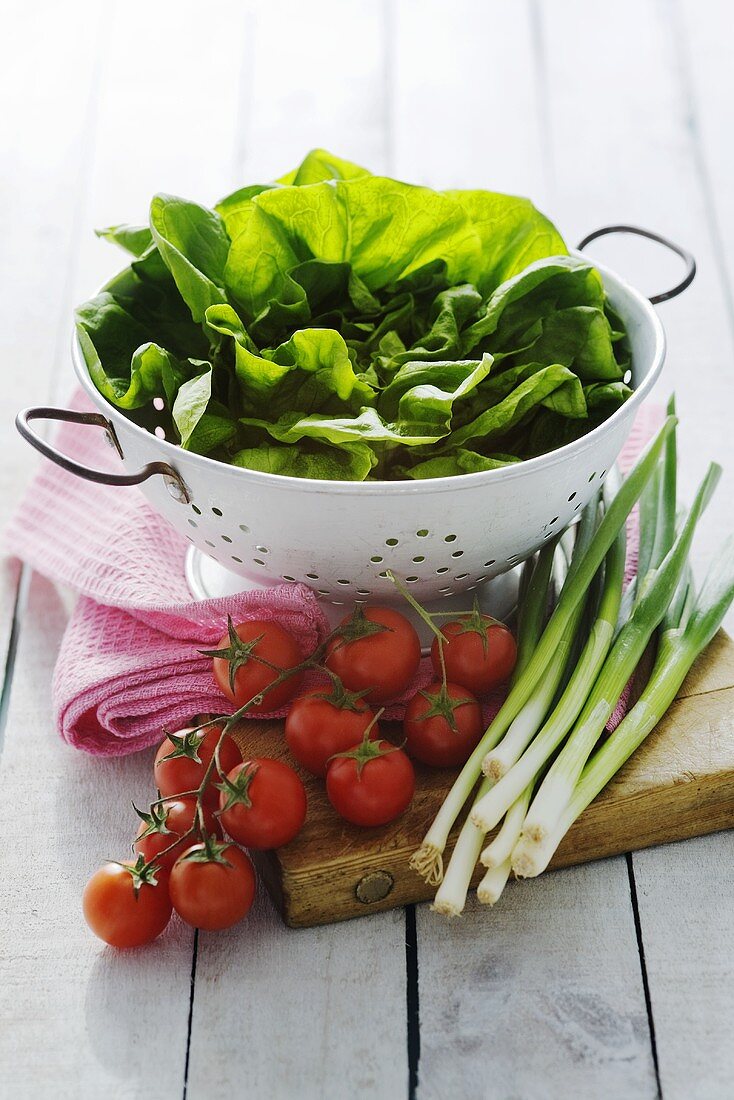 Lettuce in colander, cherry tomatoes, spring onions
