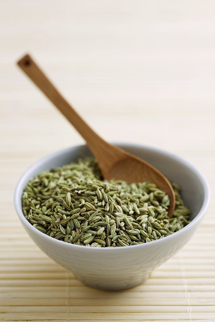 Fennel seeds with wooden spoon in bowl