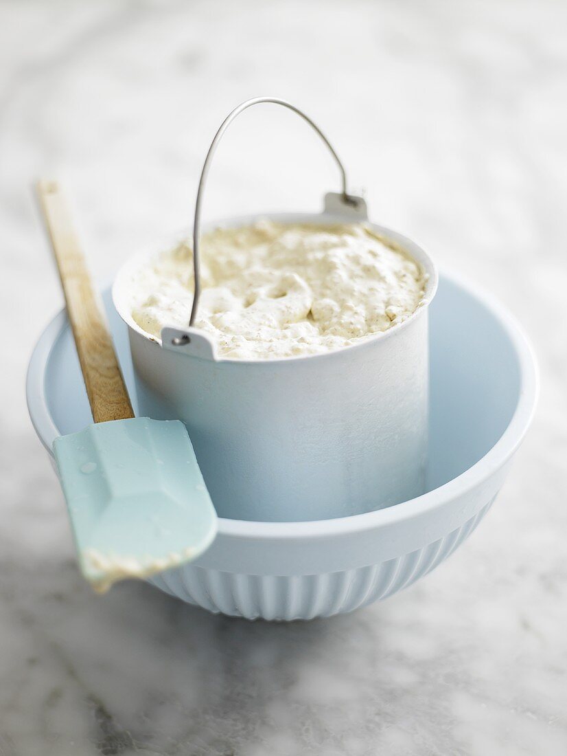 Home-made ice cream in container in bowl with spatula