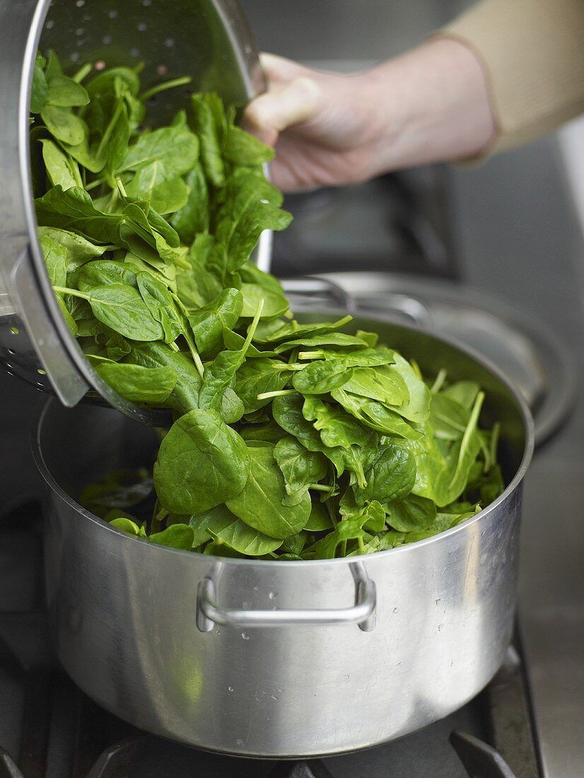 Putting spinach leaves into pan