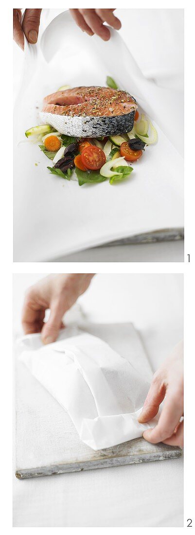 Lachs mit Gemüse im Pergamentpapier zubereiten