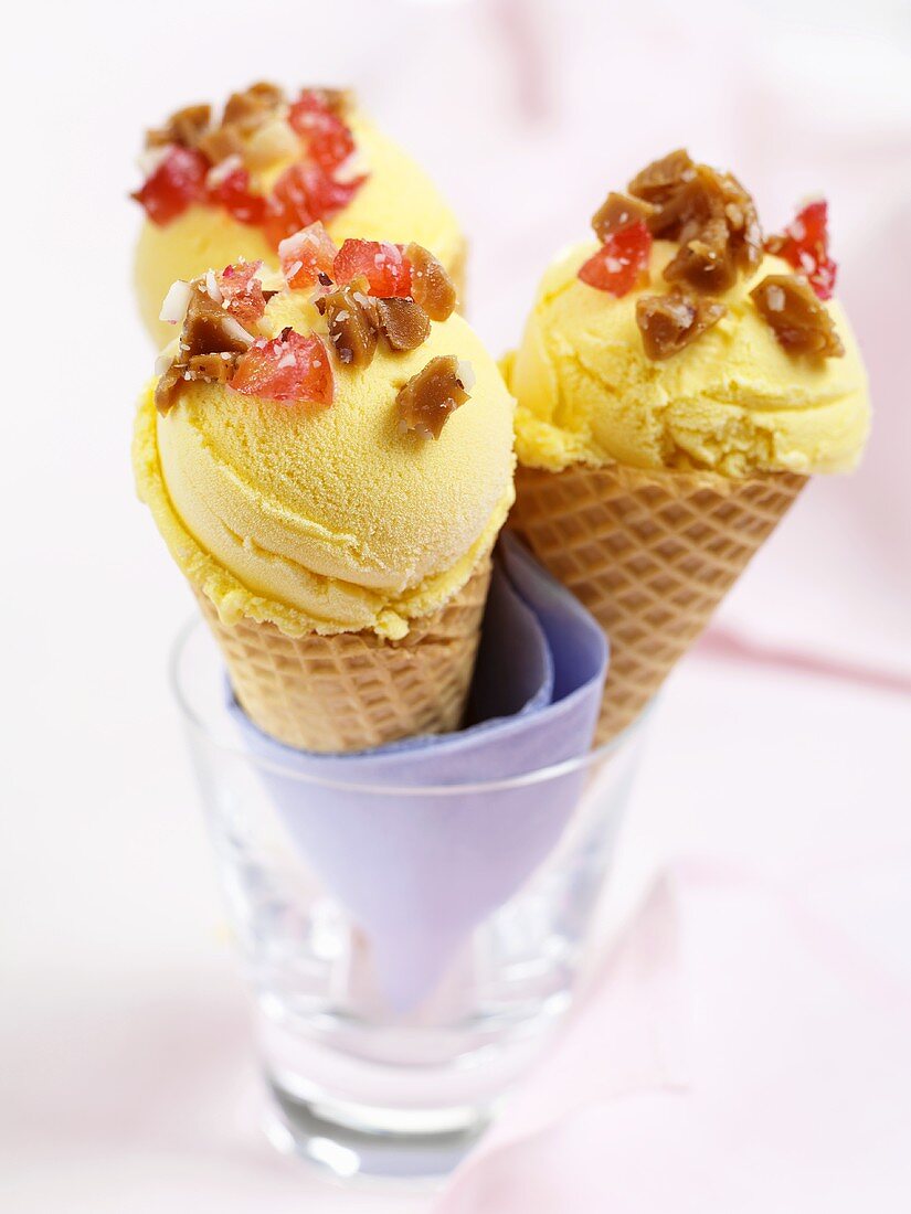 Ice cream cones with candied fruit