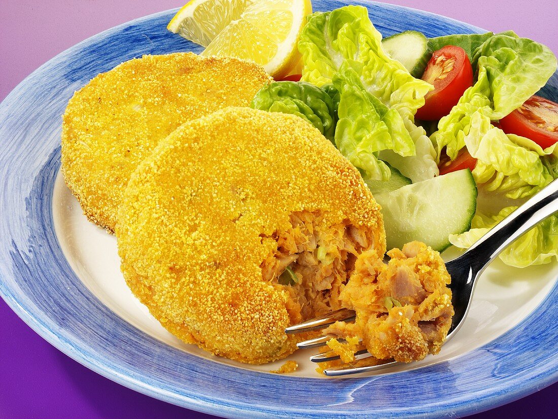 Breaded fish burger with salad