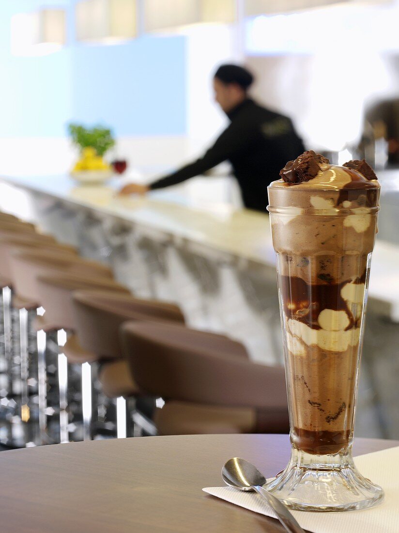 An ice cream sundae in a restaurant