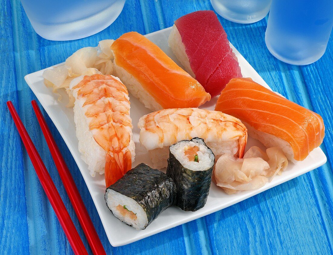 Sushi platter with nigiri and maki sushi